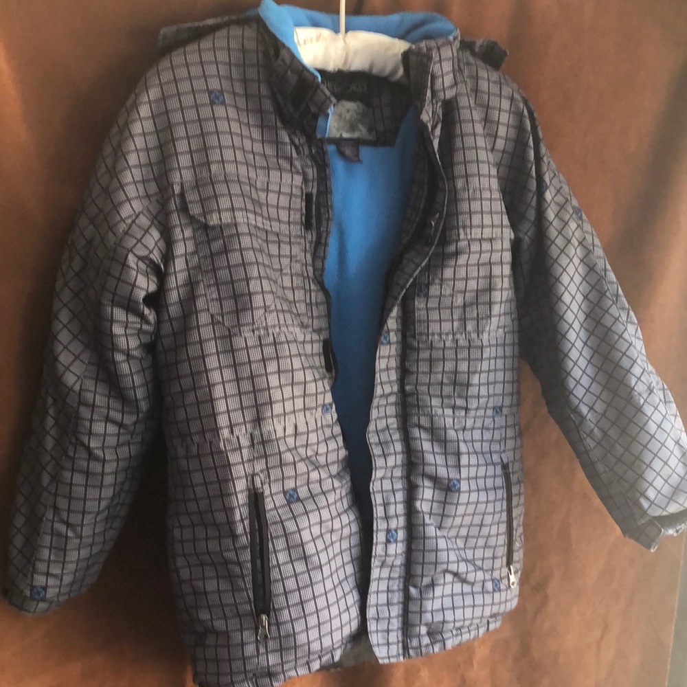 Cherokee Boys Gray Plaid Puffer Jacket with Blue Lining